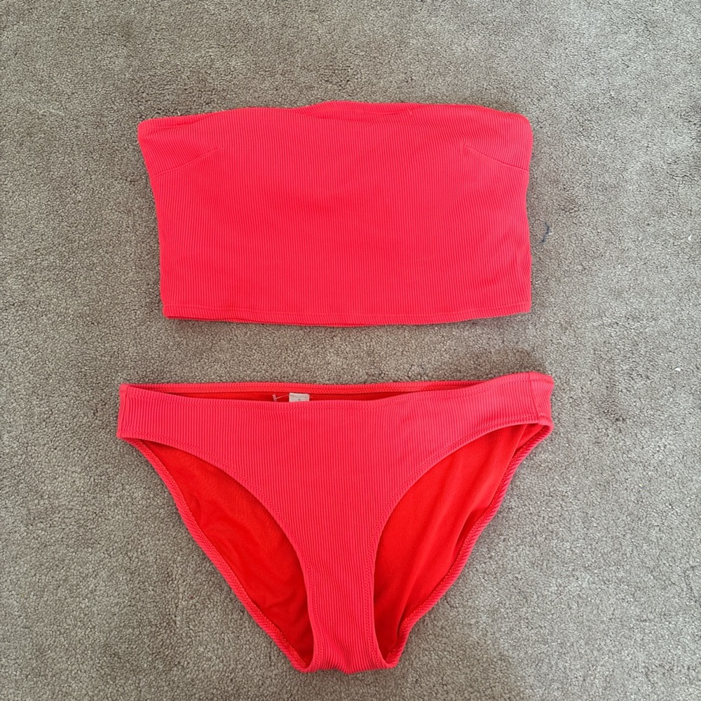 aerie Bright Coral Ribbed Bandeau Bikini Set